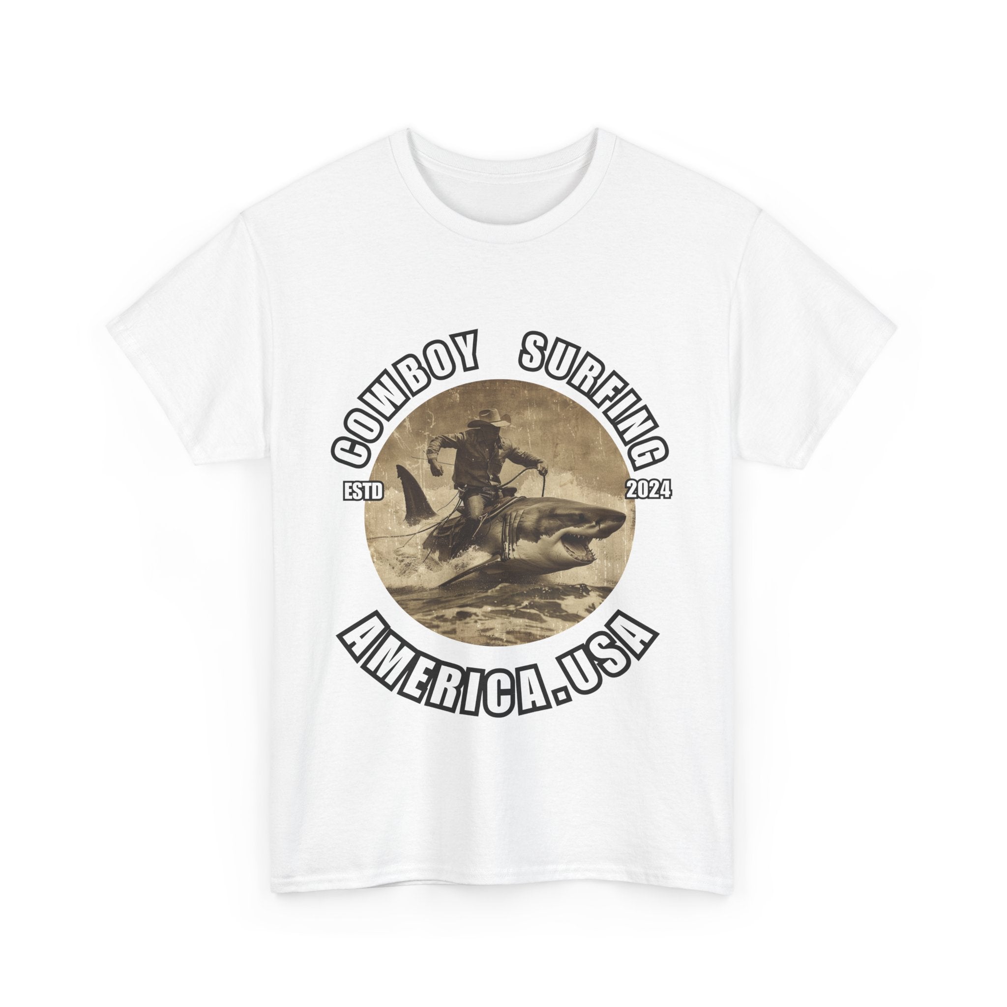 Bold Cowboy Surfing America T-Shirt | Shark-Riding Cowboy Graphic Tee - ESTD 2024"/Unisex Heavy Cotton Tee