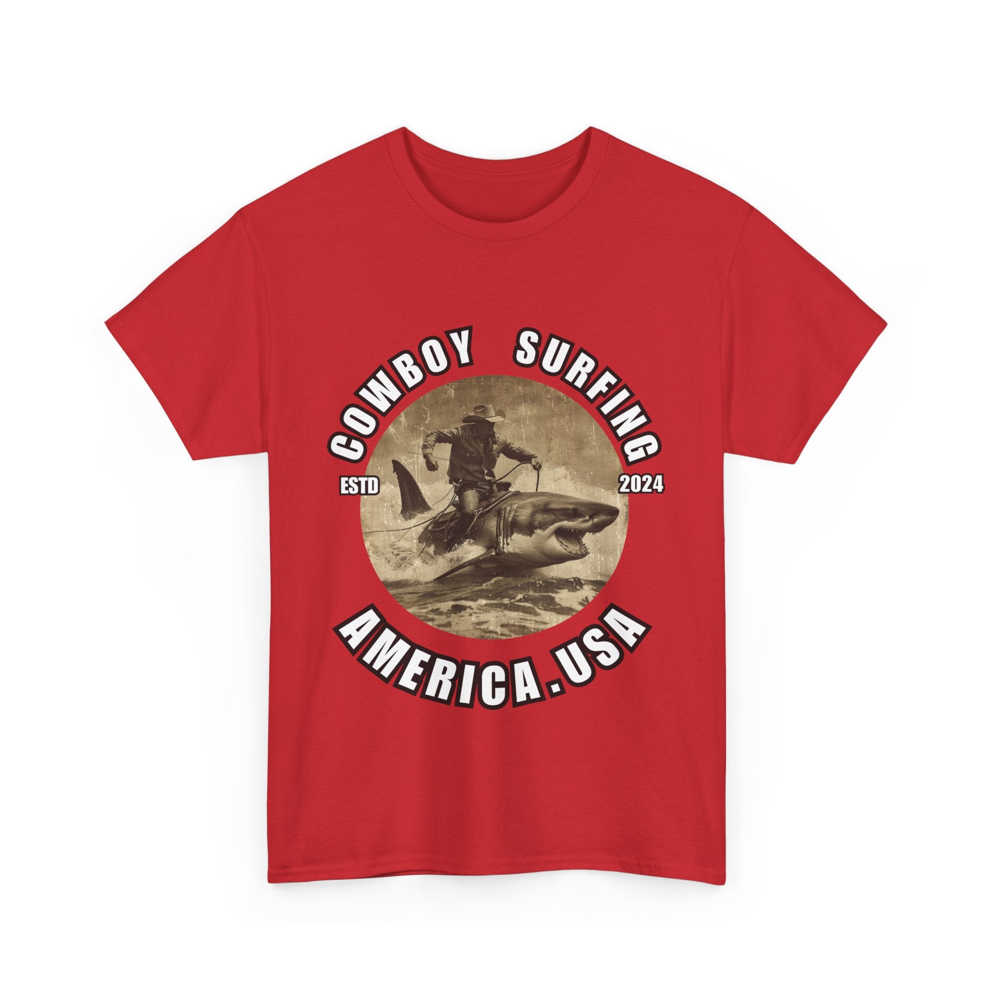 Bold Cowboy Surfing America T-Shirt | Shark-Riding Cowboy Graphic Tee - ESTD 2024"/Unisex Heavy Cotton Tee
