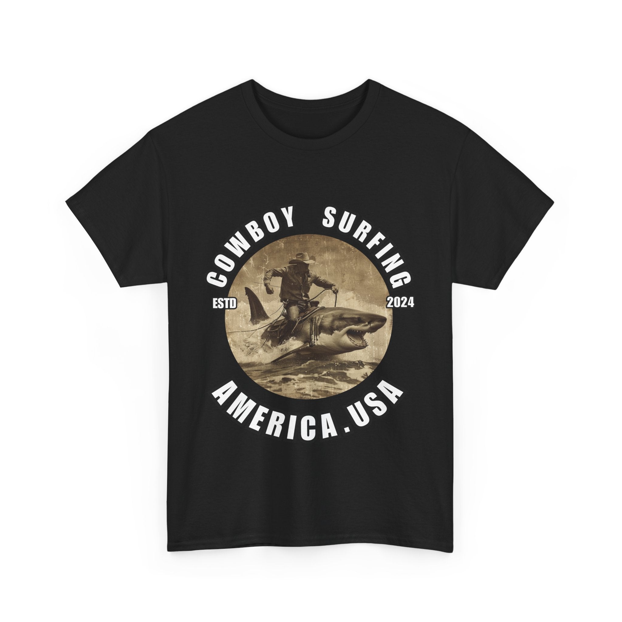 Bold Cowboy Surfing America T-Shirt | Shark-Riding Cowboy Graphic Tee - ESTD 2024"/Unisex Heavy Cotton Tee