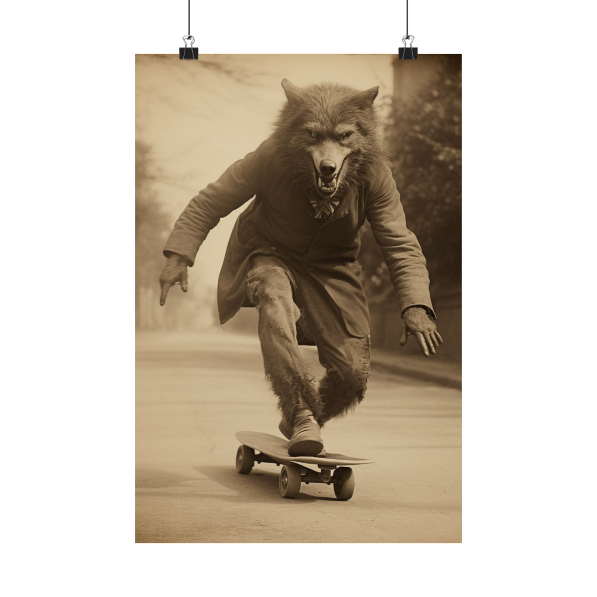 Werewolf on skatebord, Vintage photography, Art Poster Print, Dark Academia, Gothic Occult Poster, skateboarder gift, Gothic, Lycanthropy