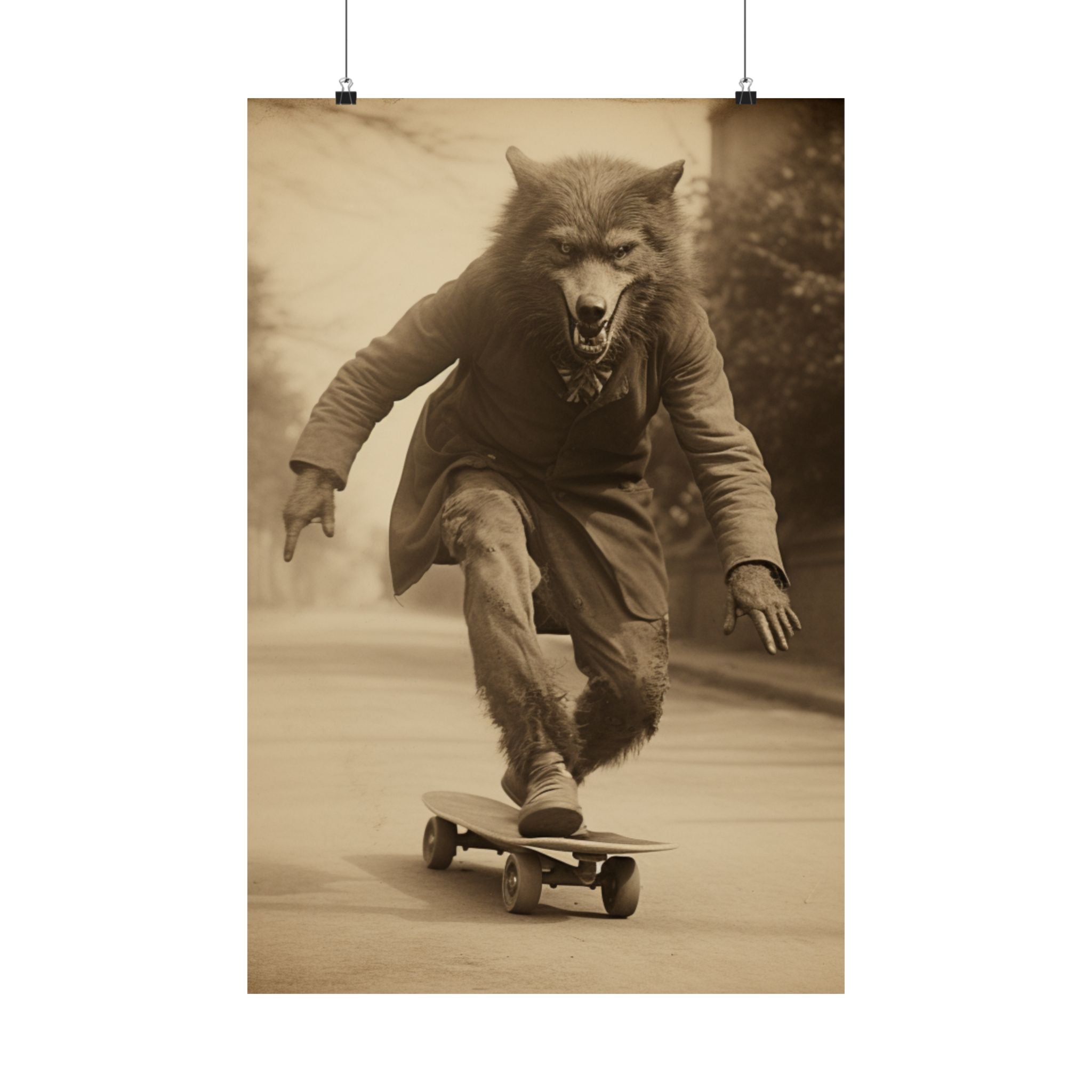 Werewolf on skatebord, Vintage photography, Art Poster Print, Dark Academia, Gothic Occult Poster, skateboarder gift, Gothic, Lycanthropy