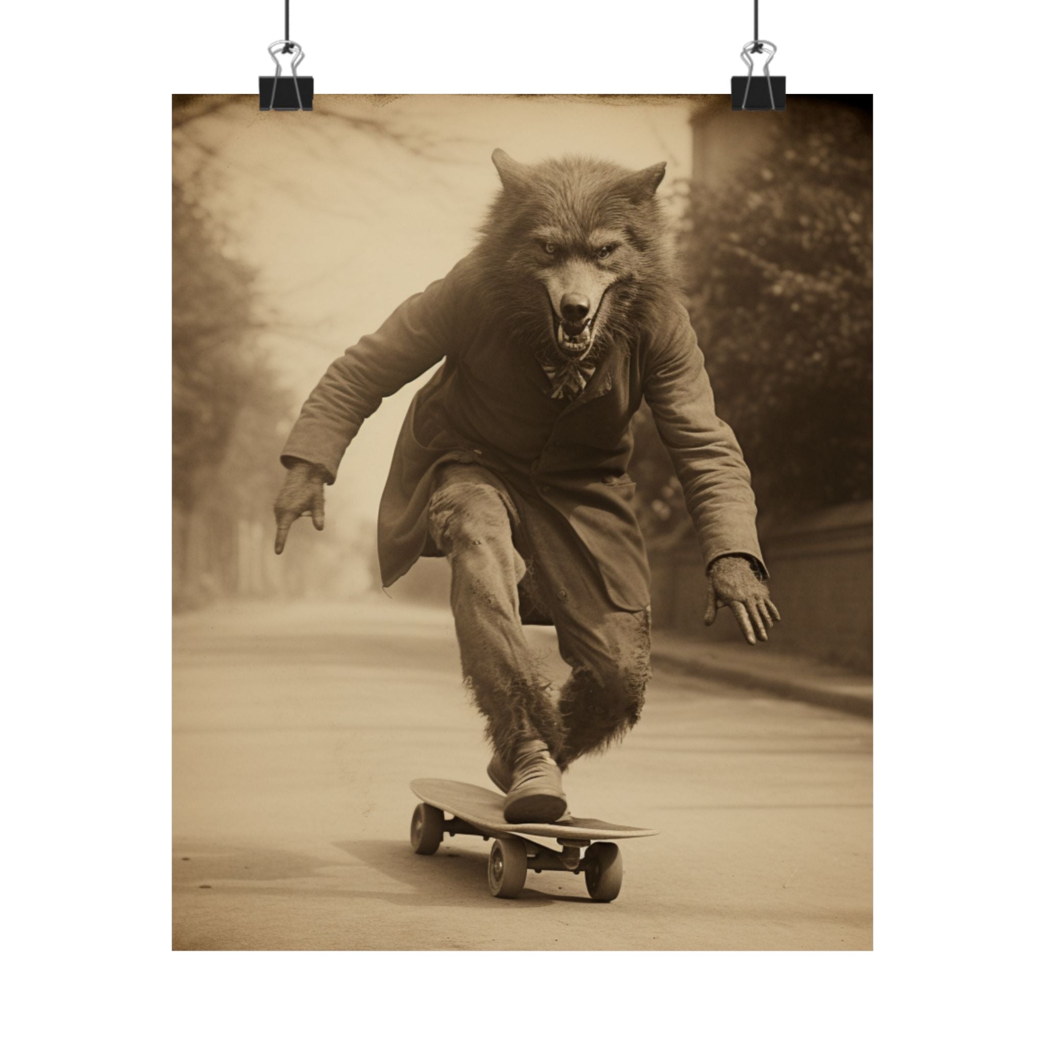 Werewolf on skatebord, Vintage photography, Art Poster Print, Dark Academia, Gothic Occult Poster, skateboarder gift, Gothic, Lycanthropy