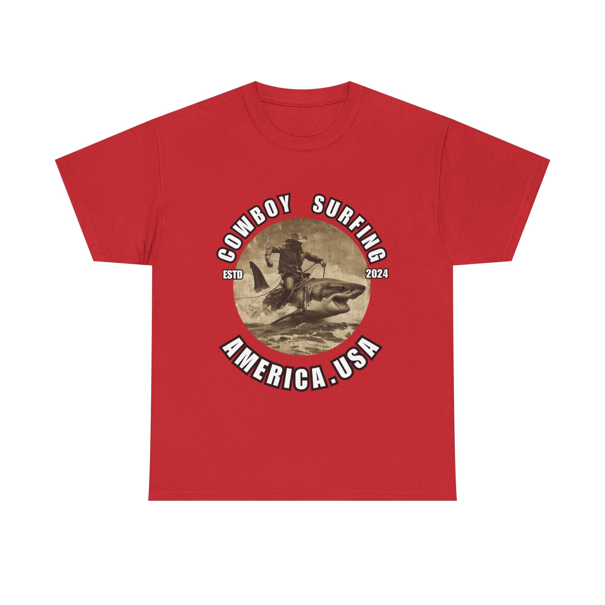Bold Cowboy Surfing America T-Shirt | Shark-Riding Cowboy Graphic Tee - ESTD 2024"/Unisex Heavy Cotton Tee