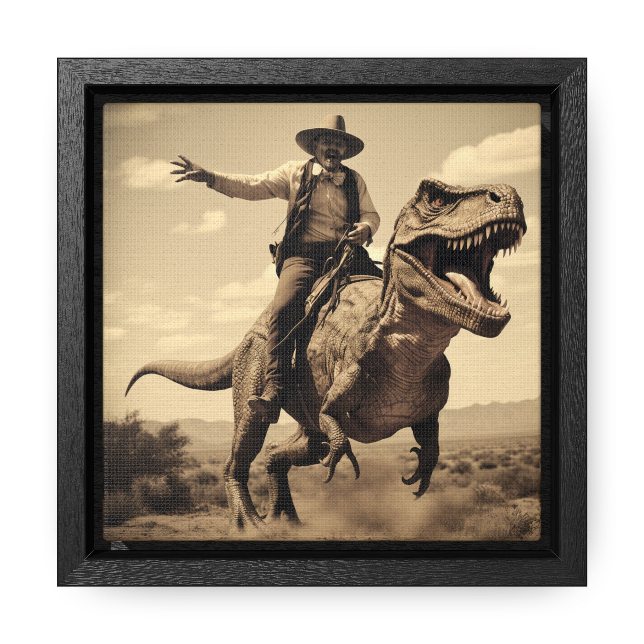 Vintage Dinosaur Cowboy. Gallery Canvas Wraps in Square Frame