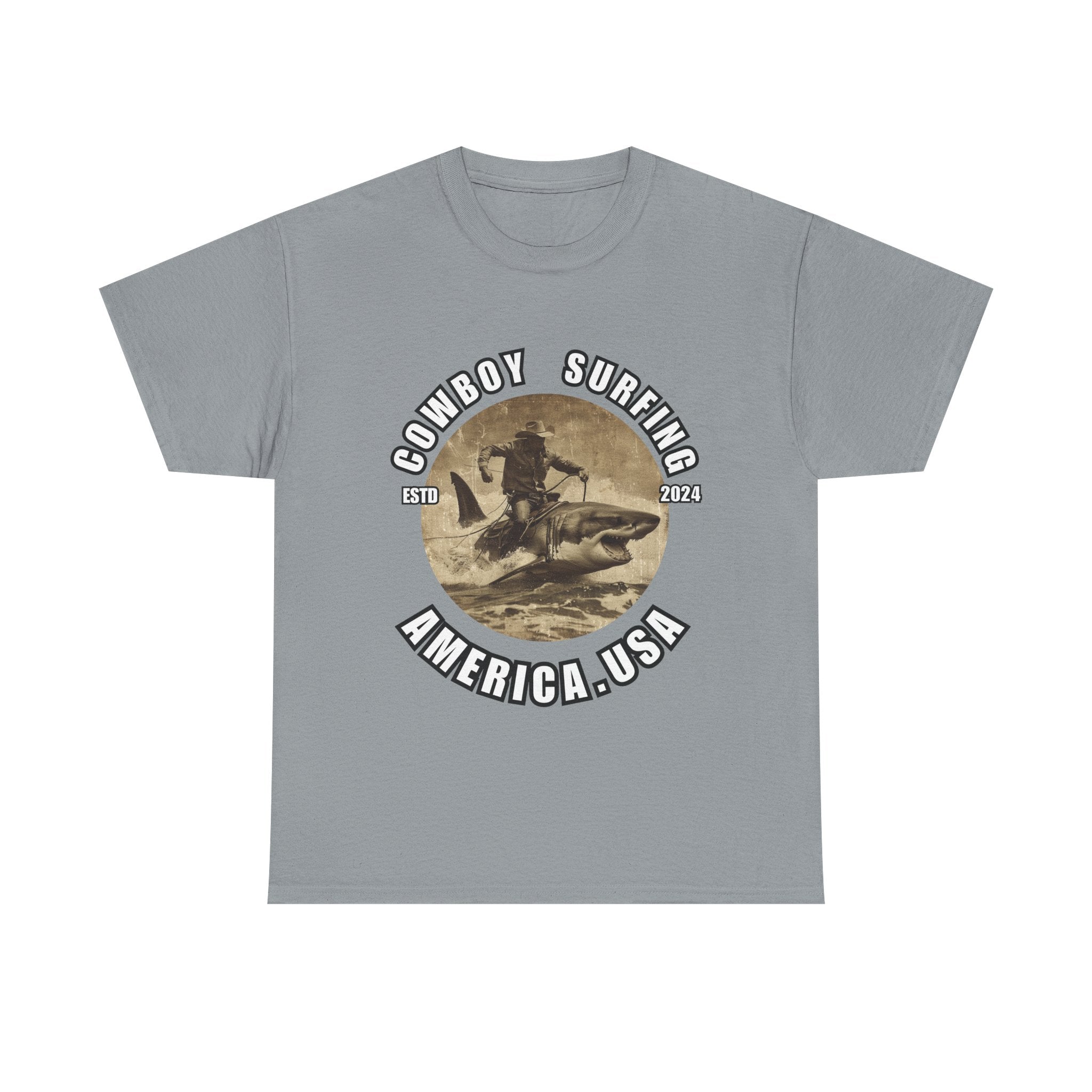 Bold Cowboy Surfing America T-Shirt | Shark-Riding Cowboy Graphic Tee - ESTD 2024"/Unisex Heavy Cotton Tee