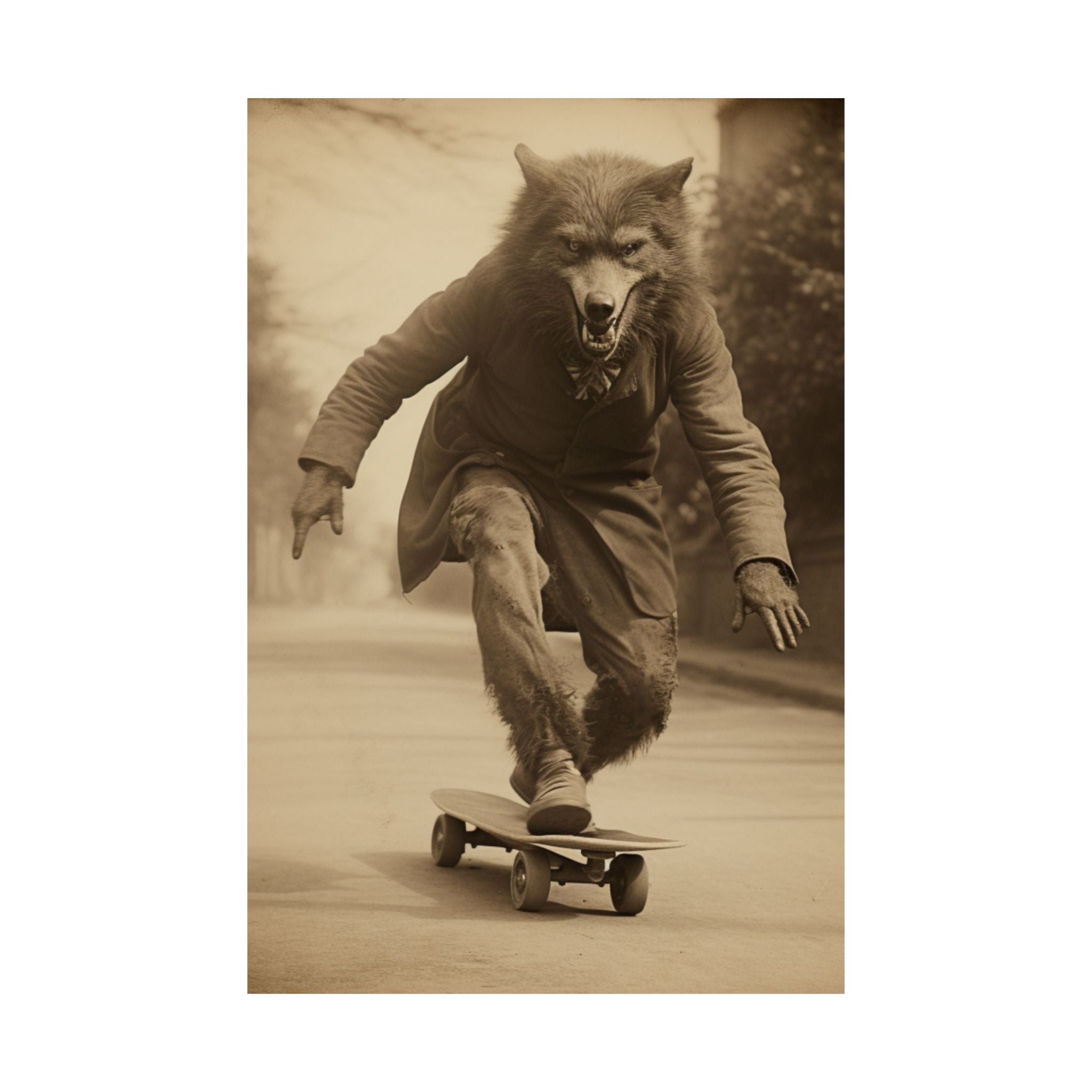 Werewolf on skatebord, Vintage photography, Art Poster Print, Dark Academia, Gothic Occult Poster, skateboarder gift, Gothic, Lycanthropy