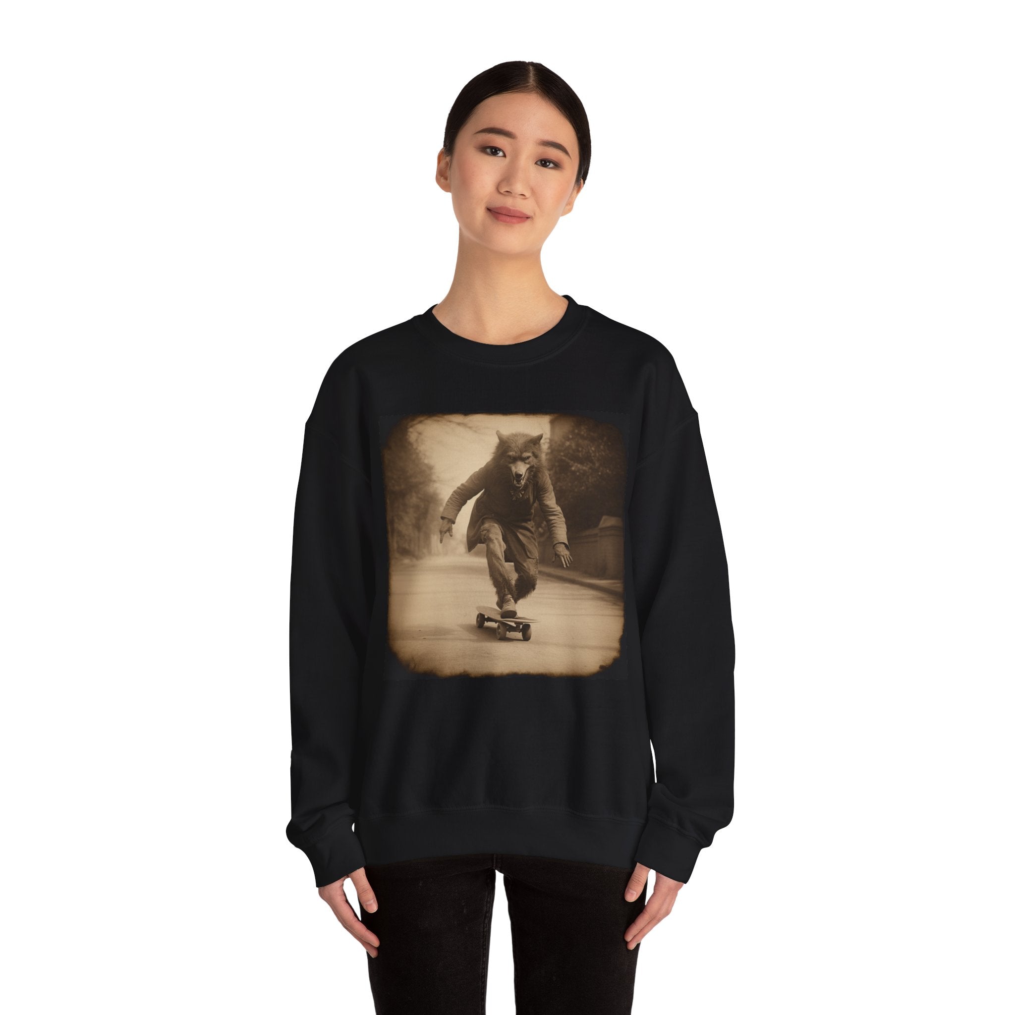 Halloween shirt,Werewolf on skateboard, Vintage photography Unisex Heavy Blend™ Crewneck Sweatshirt