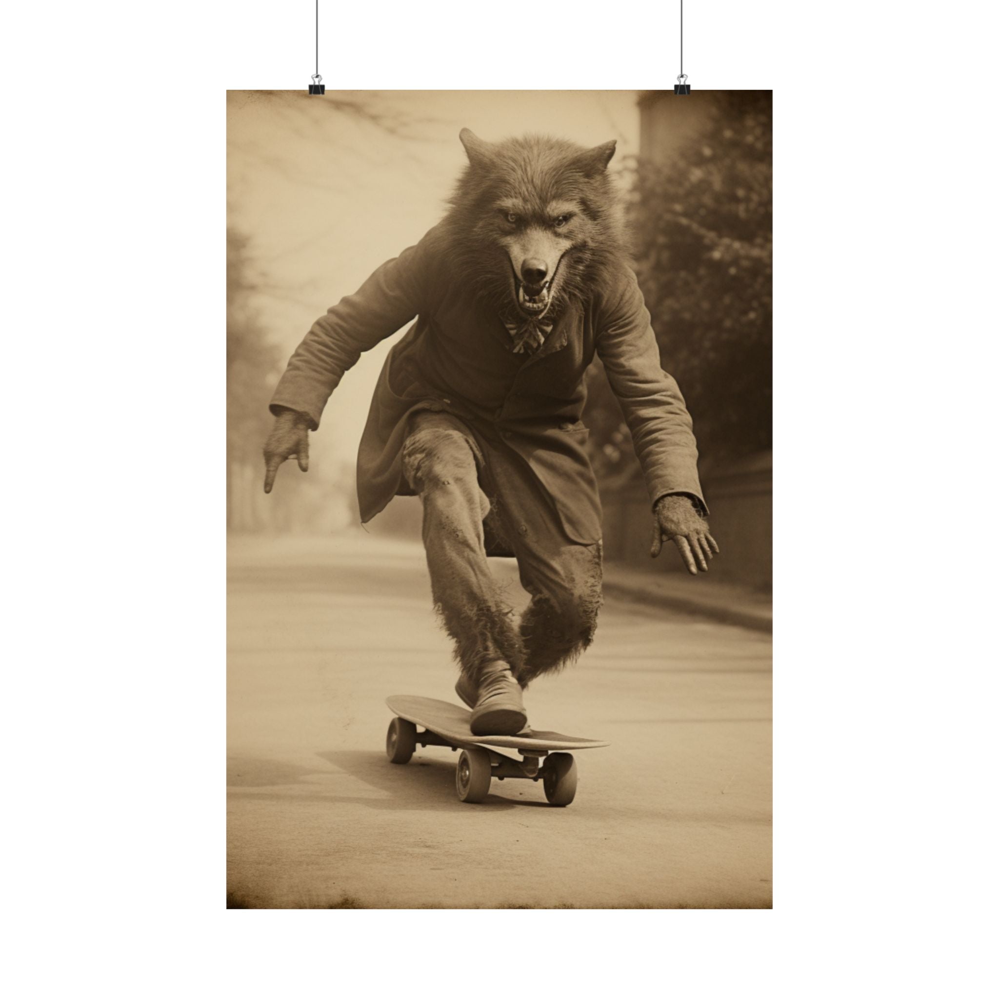 Werewolf on skatebord, Vintage photography, Art Poster Print, Dark Academia, Gothic Occult Poster, skateboarder gift, Gothic, Lycanthropy
