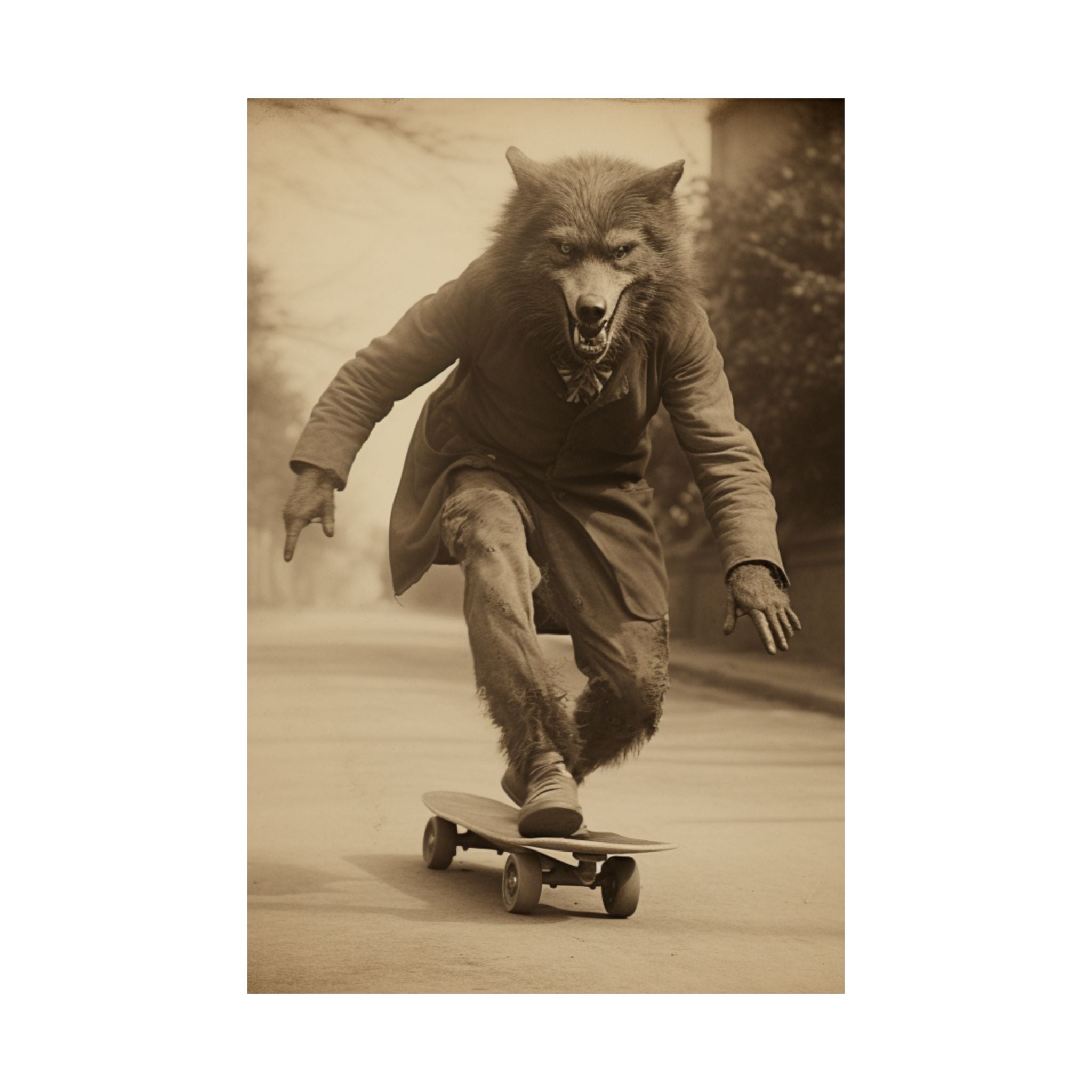 Werewolf on skatebord, Vintage photography, Art Poster Print, Dark Academia, Gothic Occult Poster, skateboarder gift, Gothic, Lycanthropy